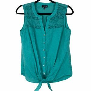 The Limited Teal Swiss Dot Front Tie Blouse Top